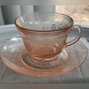 Dogwood Blossom cup & saucer. Vintage Pink Depression glass. Perfect & so pretty
